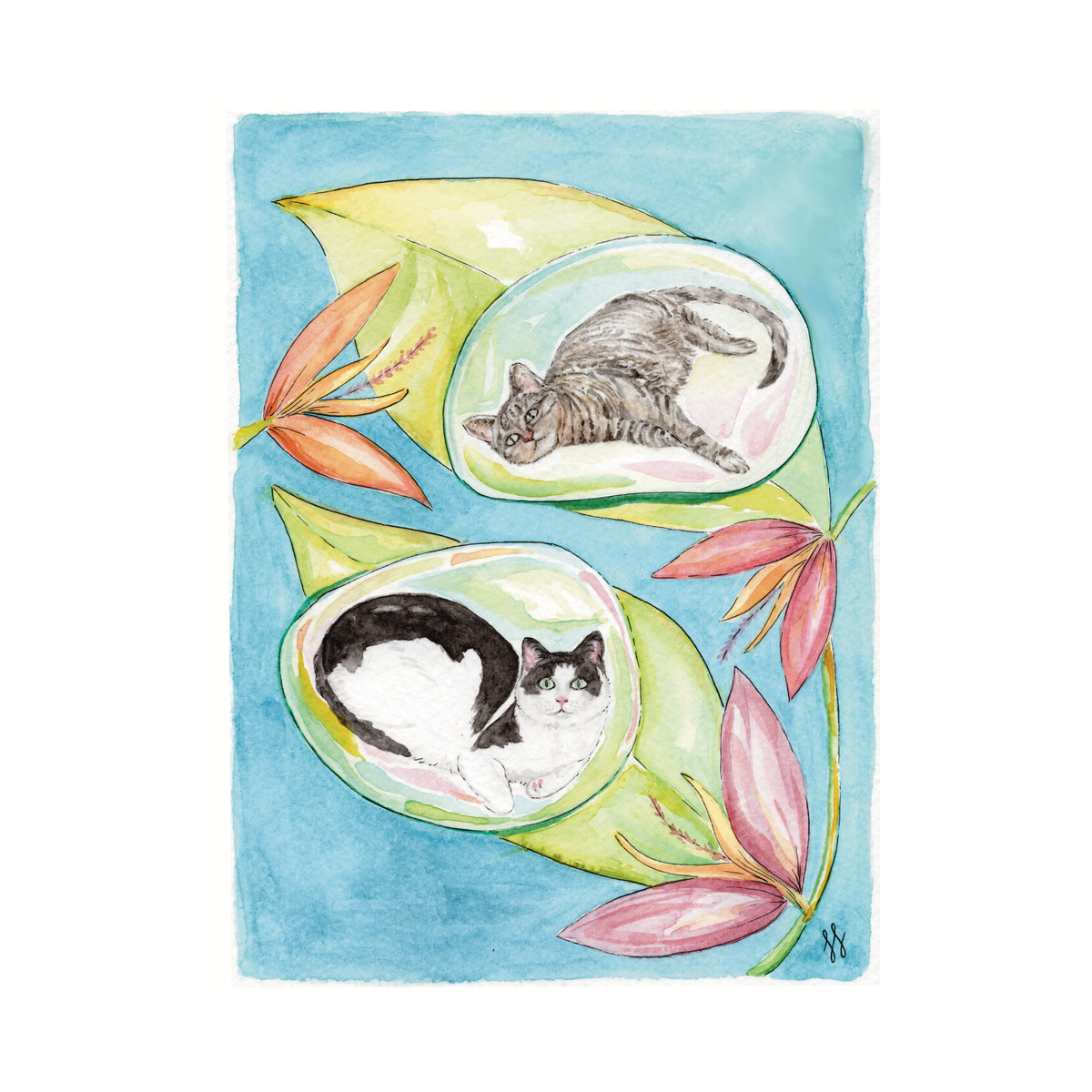 Cats in Dewdrops Watercolor Print