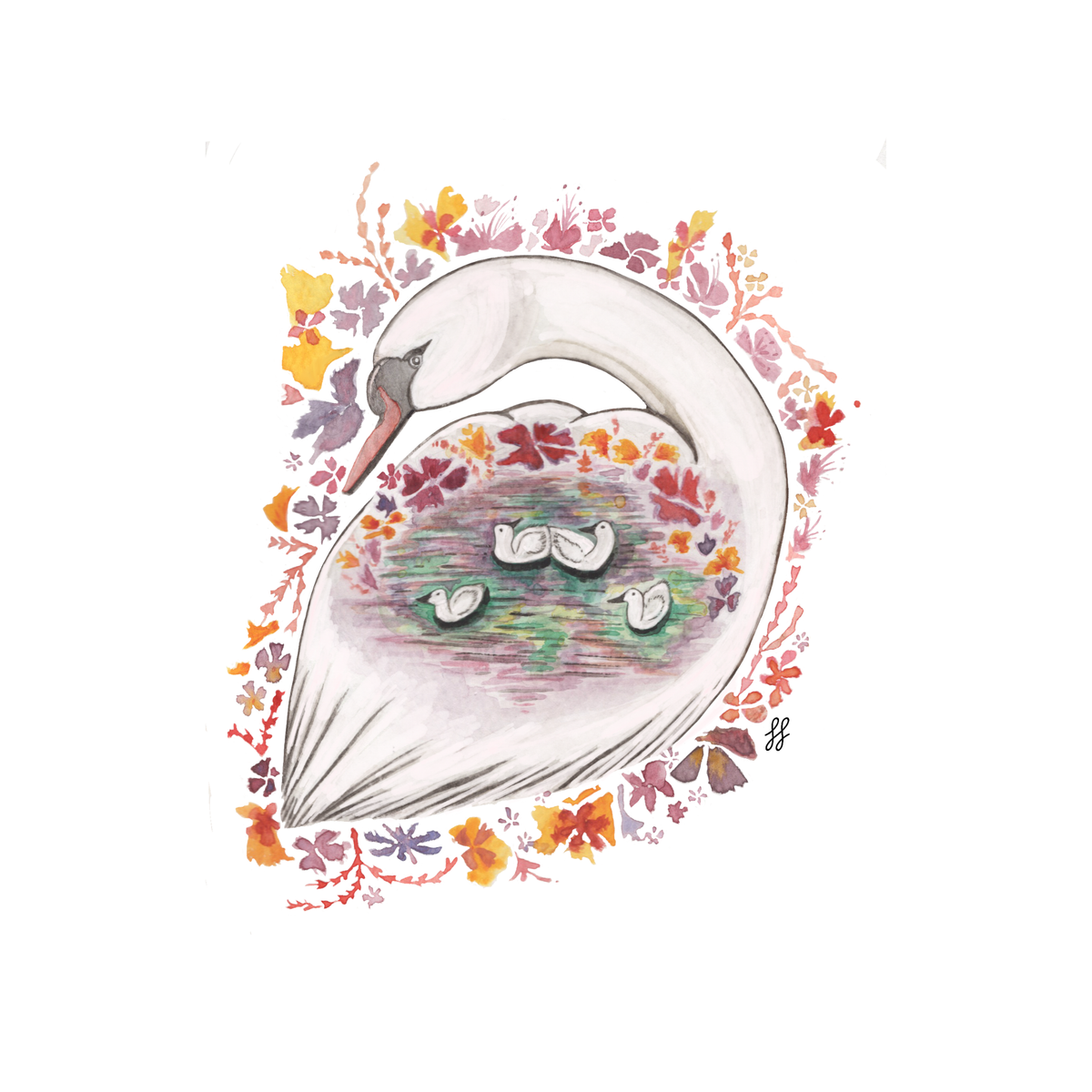 Mama Swan & Cygnets Watercolor Illustrative Print
