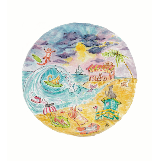 "Cat Beach Day" Illustrative Watercolor Print