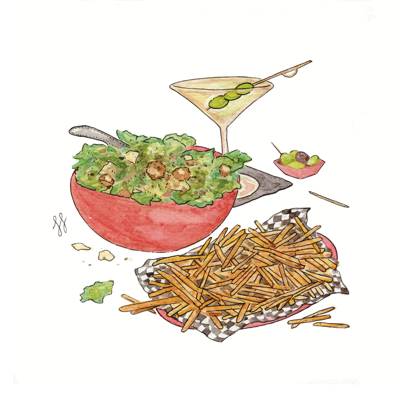 Girl Dinner No. 2 Caesar Salad, Fries and Dirty Martini Watercolor Print