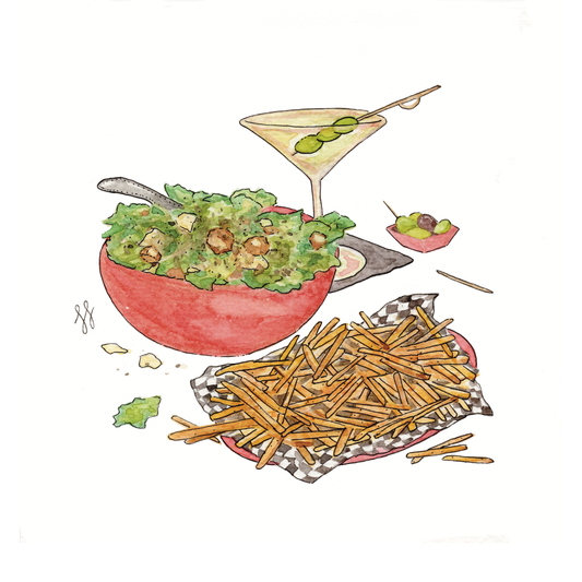 Girl Dinner No. 2 Caesar Salad, Fries and Dirty Martini Watercolor Print
