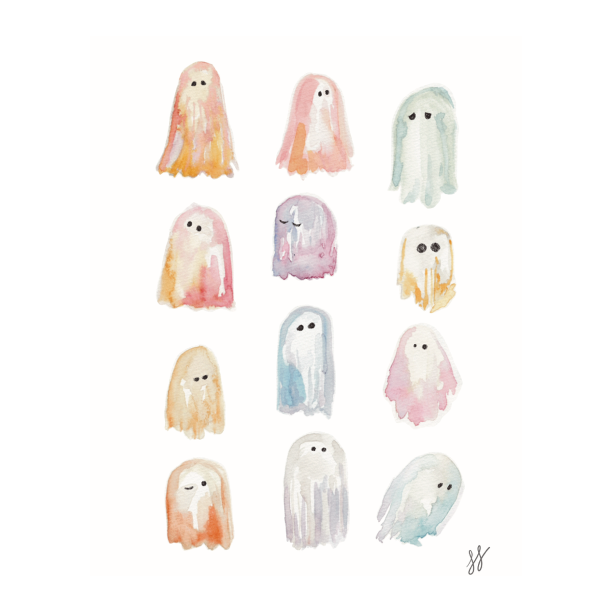 Spooky Cute Ghosts Watercolor Print