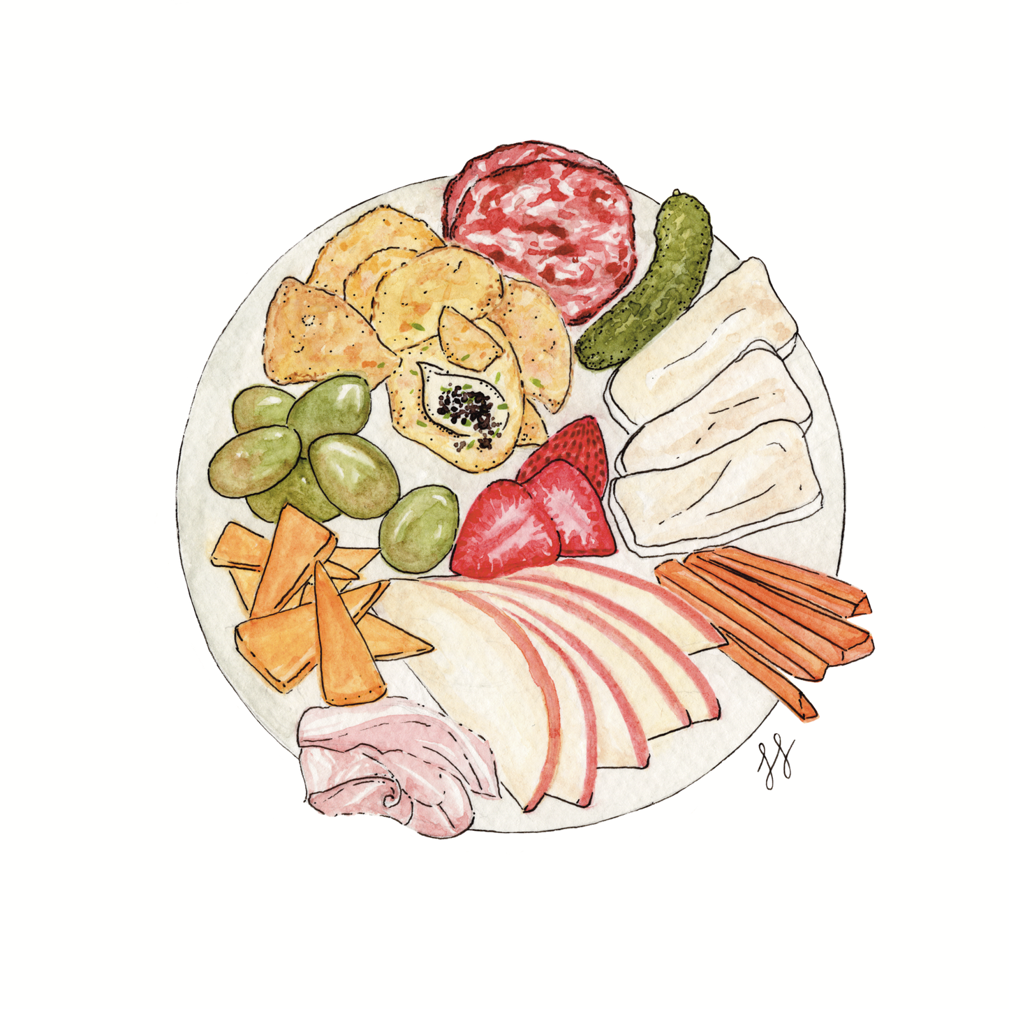 Girl Dinner No. 1 Cheese, Fruit and Caviar Watercolor Print